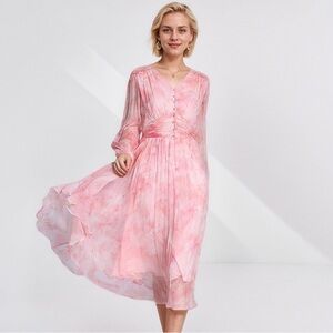 Sweet Silk Midi Dress With Long Sleeves For Vacation M NWT 100% silk MSRP $399